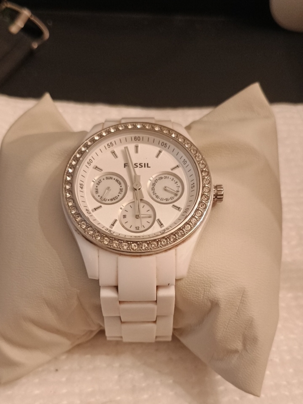 Fossil Stella White Resin Multi-Function Watch ES1967 Crystal Bezel
